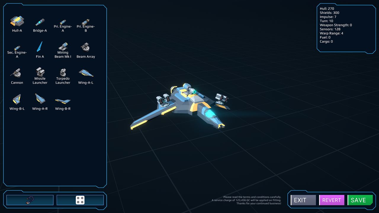 The ship editor, with a parts list on the left and a blue and yellow fighter being assembled