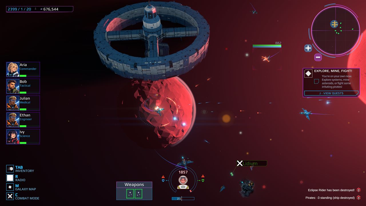 A space battle beside a ring-shaped station orbiting a red planet, with the crew roster and minimap on screen