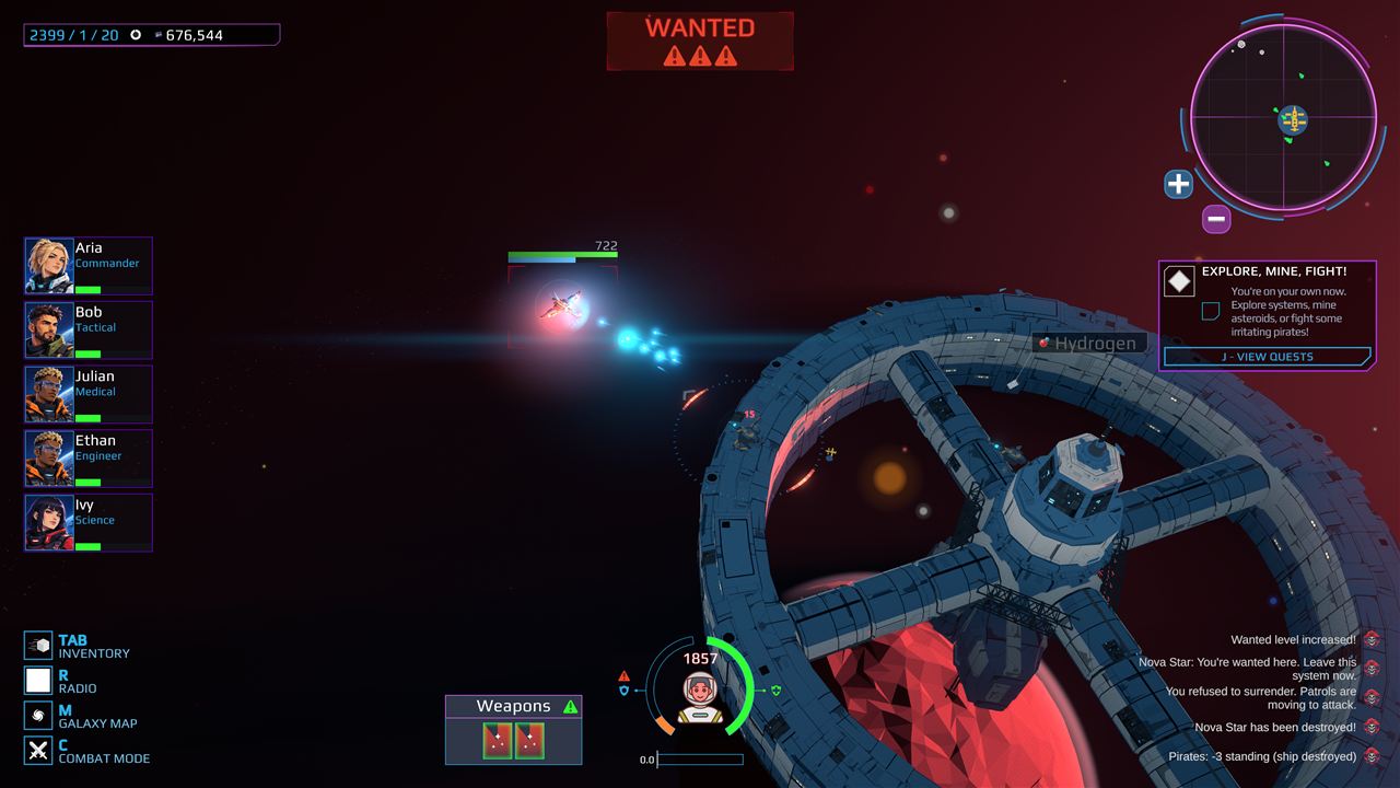 The player's ship under fire near a space station with a Wanted warning at the top of the screen