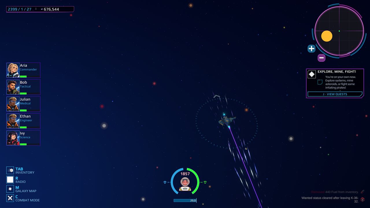 A ship travelling through open space, trailing a purple warp line