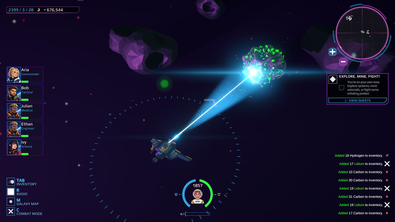 A ship firing a mining beam into a glowing asteroid while resources are added to the inventory