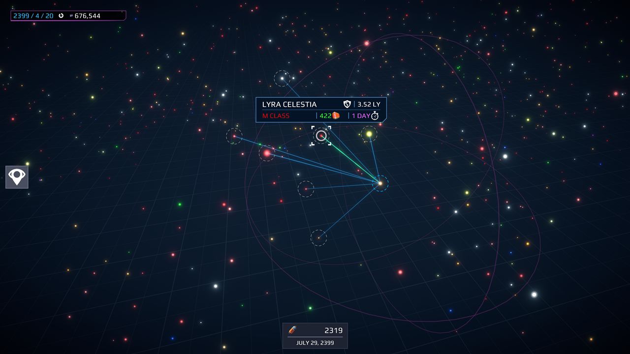 The galaxy map with jump routes branching from the current star to nearby systems